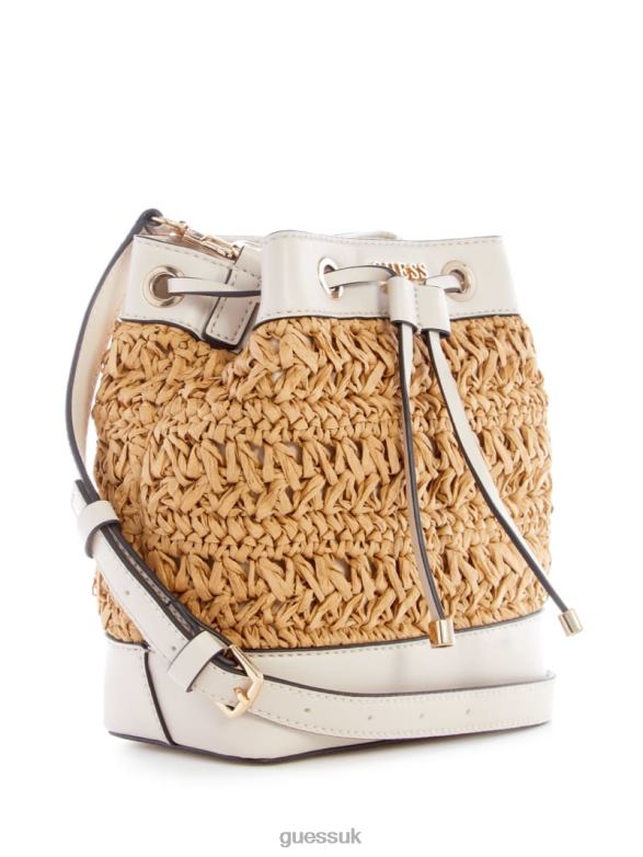 GUESS Women Liguria Crochet Straw Bucket Bag White Bags V28V62954