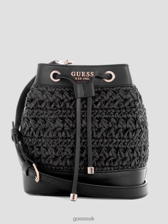 GUESS Women Liguria Crochet Straw Bucket Bag Black Floral Print Bags V28V62936
