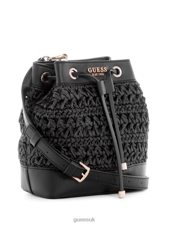 GUESS Women Liguria Crochet Straw Bucket Bag Black Floral Print Bags V28V62936