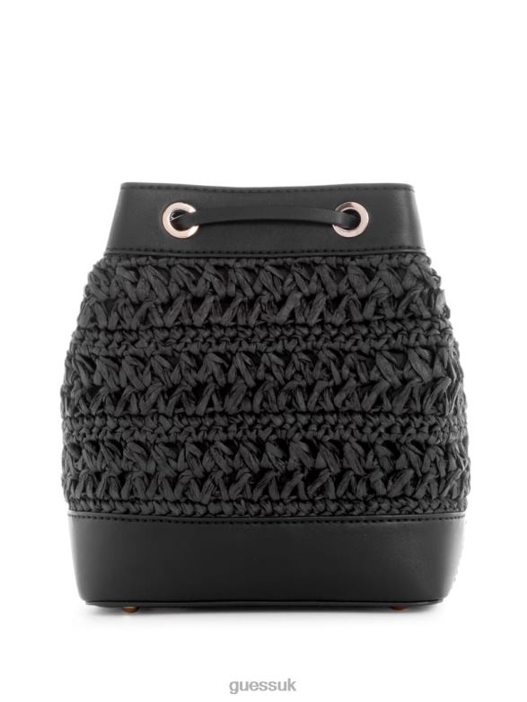 GUESS Women Liguria Crochet Straw Bucket Bag Black Floral Print Bags V28V62936