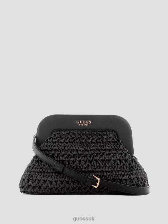 GUESS Women Liguria Crochet Straw Frame Clutch Black Floral Print Bags V28V62937