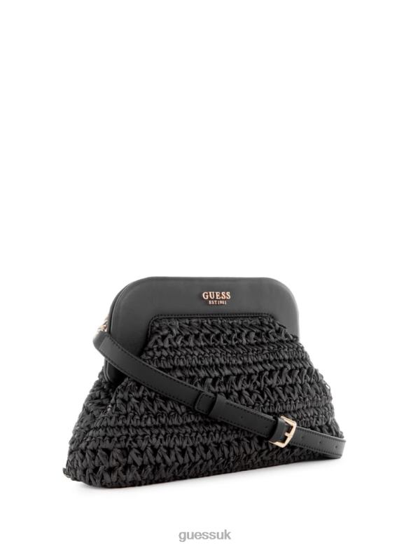 GUESS Women Liguria Crochet Straw Frame Clutch Black Floral Print Bags V28V62937