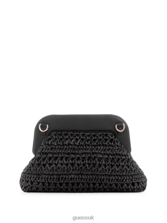 GUESS Women Liguria Crochet Straw Frame Clutch Black Floral Print Bags V28V62937
