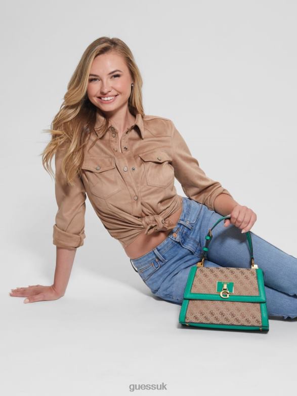 GUESS Women Stephi Jacquard Logo Top Handle Bag Green Bags V28V62970