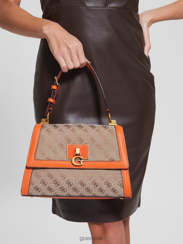 GUESS Women Stephi Jacquard Logo Top Handle Bag Orange Bags V28V62986