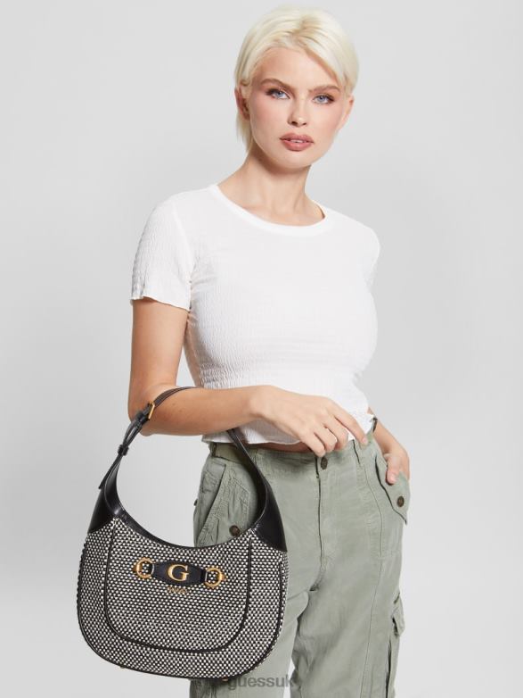 GUESS Women Izzy Raffia Hobo Bag Black Shiny Nickel Bags V28V63044