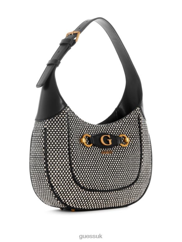 GUESS Women Izzy Raffia Hobo Bag Black Shiny Nickel Bags V28V63044