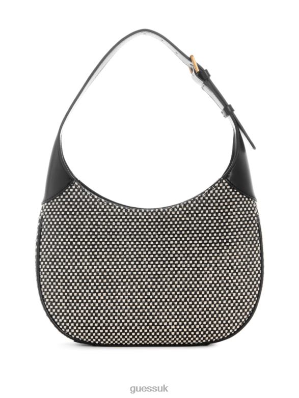 GUESS Women Izzy Raffia Hobo Bag Black Shiny Nickel Bags V28V63044