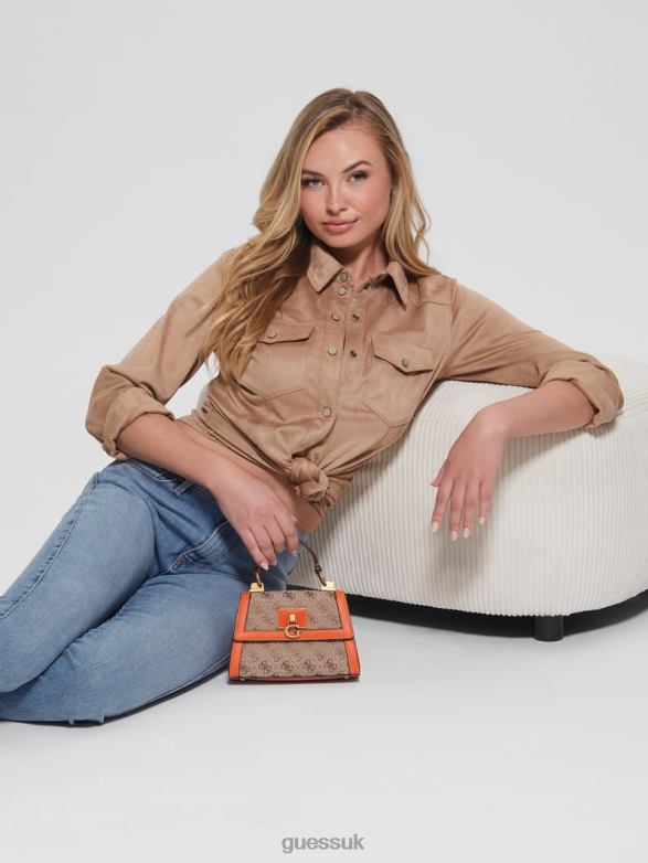 GUESS Women Stephi Jacquard Logo Micro Mini Bag Latte Logo/Orange Bags V28V62983