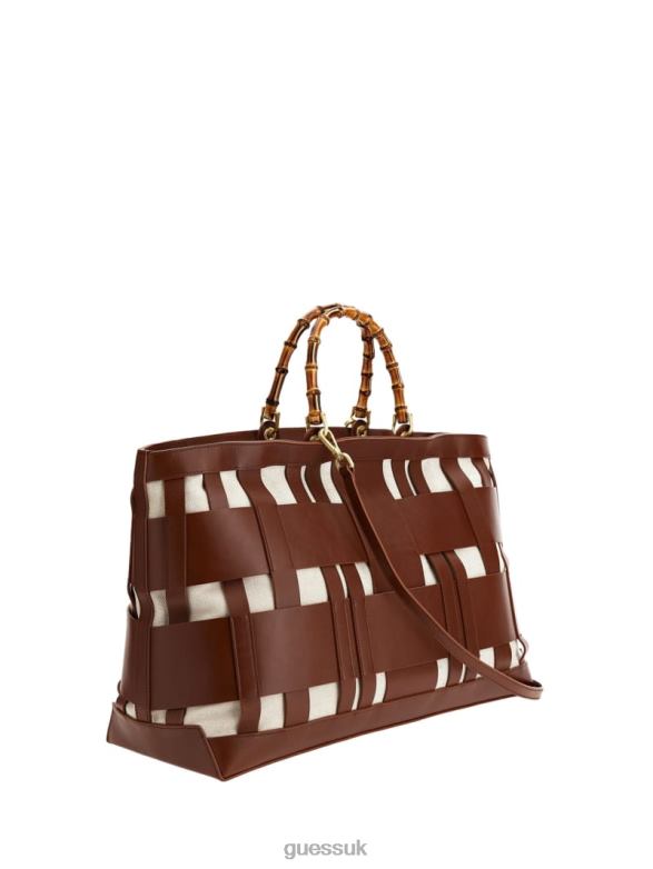 GUESS Women Aida Woven Leather Maxi Satchel Cognac Bags V28V63276