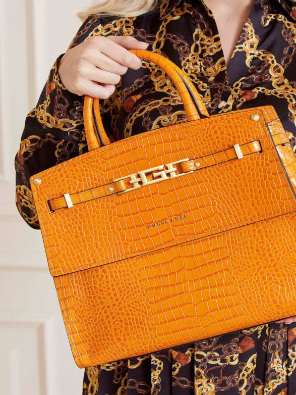 GUESS Women Cristina Croc Leather Satchel Orange Bags V28V63286