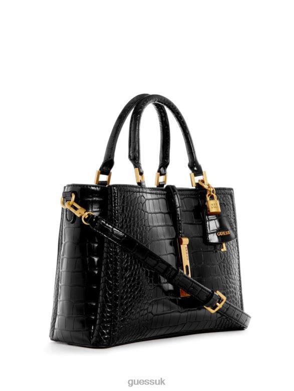 GUESS Women James Croc Girlfriend Satchel Black Floral Print Bags V28V62826