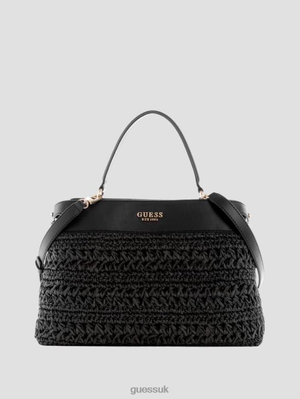 GUESS Women Liguria Crochet Straw Satchel Black Floral Print Bags V28V62904