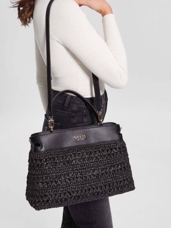 GUESS Women Liguria Crochet Straw Satchel Black Floral Print Bags V28V62904