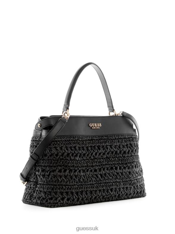 GUESS Women Liguria Crochet Straw Satchel Black Floral Print Bags V28V62904