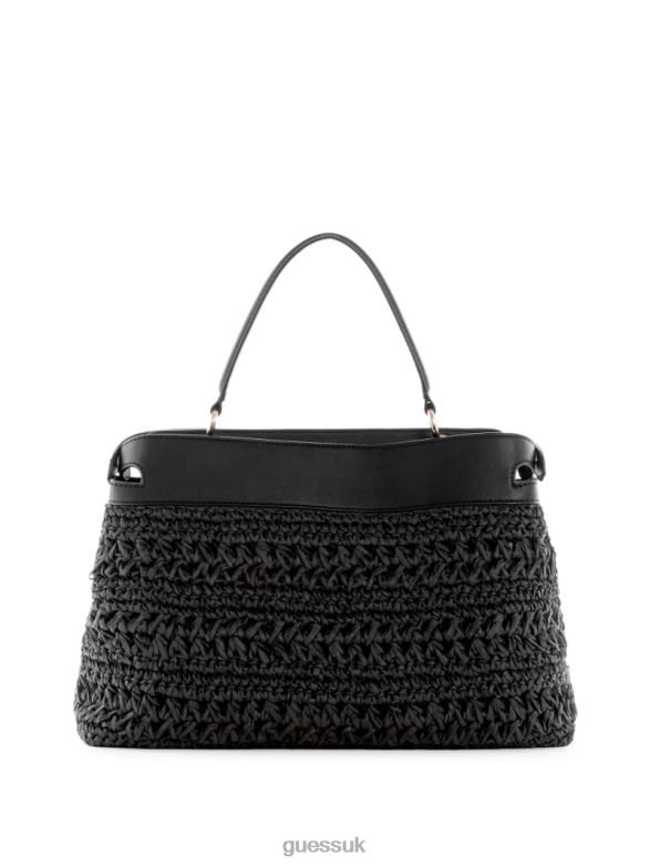 GUESS Women Liguria Crochet Straw Satchel Black Floral Print Bags V28V62904
