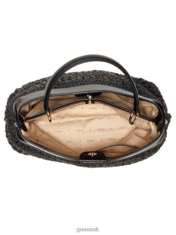 GUESS Women Liguria Crochet Straw Satchel Black Floral Print Bags V28V62904