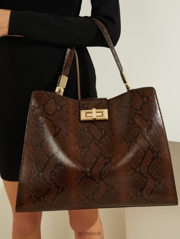 GUESS Women Monia Python Print Leather Satchel Brown Bags V28V63281