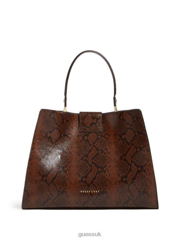 GUESS Women Monia Python Print Leather Satchel Brown Bags V28V63281
