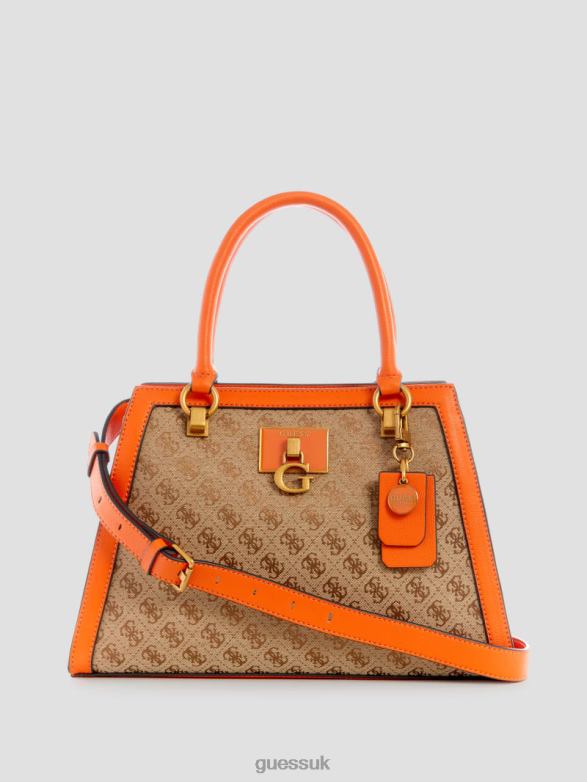 GUESS Women Stephi Jacquard Logo Girlfriend Satchel Latte Logo/Orange Bags V28V62980