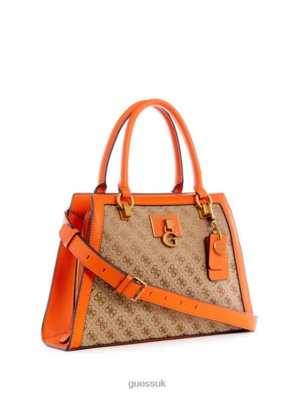 GUESS Women Stephi Jacquard Logo Girlfriend Satchel Latte Logo/Orange Bags V28V62980