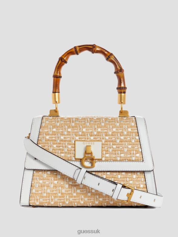 GUESS Women Stephi Straw Logo Bamboo Fold-Over Satchel White Multi Bags V28V62765