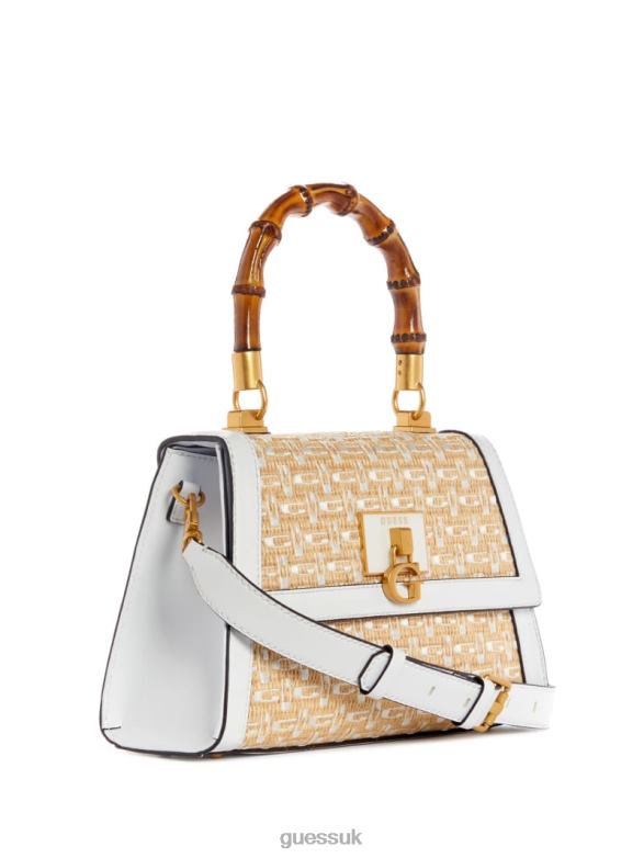 GUESS Women Stephi Straw Logo Bamboo Fold-Over Satchel White Multi Bags V28V62765