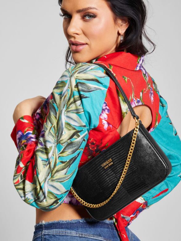 GUESS Women Katey Mini Lizard Shoulder Bag Black Floral Print Bags V28V63013