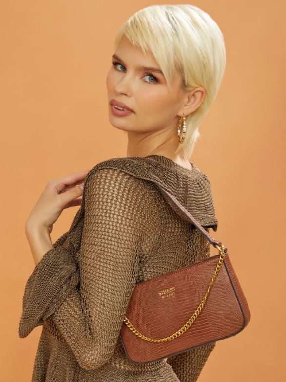 GUESS Women Katey Mini Lizard Shoulder Bag Cognac Bags V28V63011