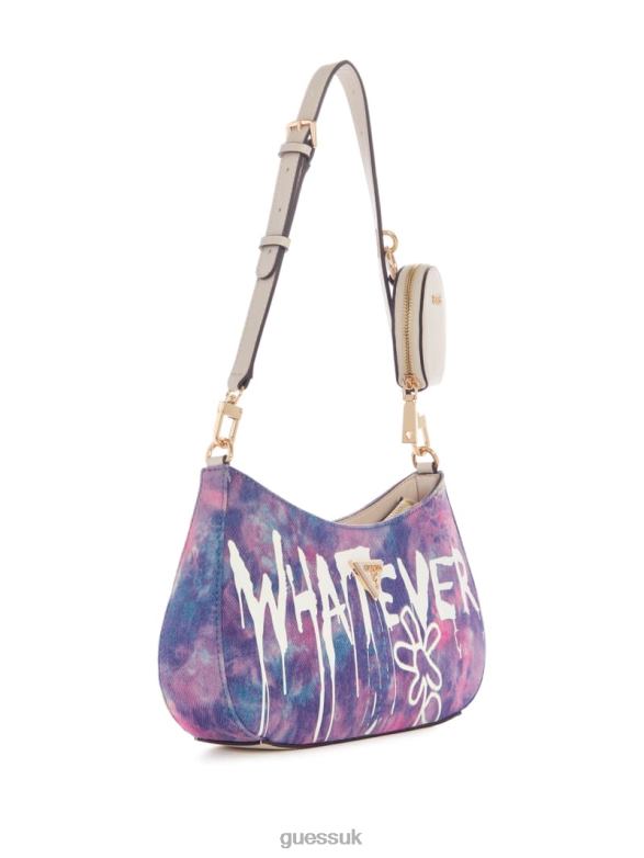 GUESS Women Whatever Graffiti Art Shoulder Bag Denim Tie Dye Bags V28V63048