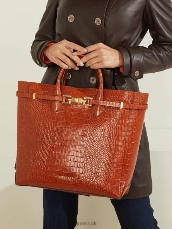 GUESS Women Cristina Croc Leather Tote Cognac Bags V28V63084
