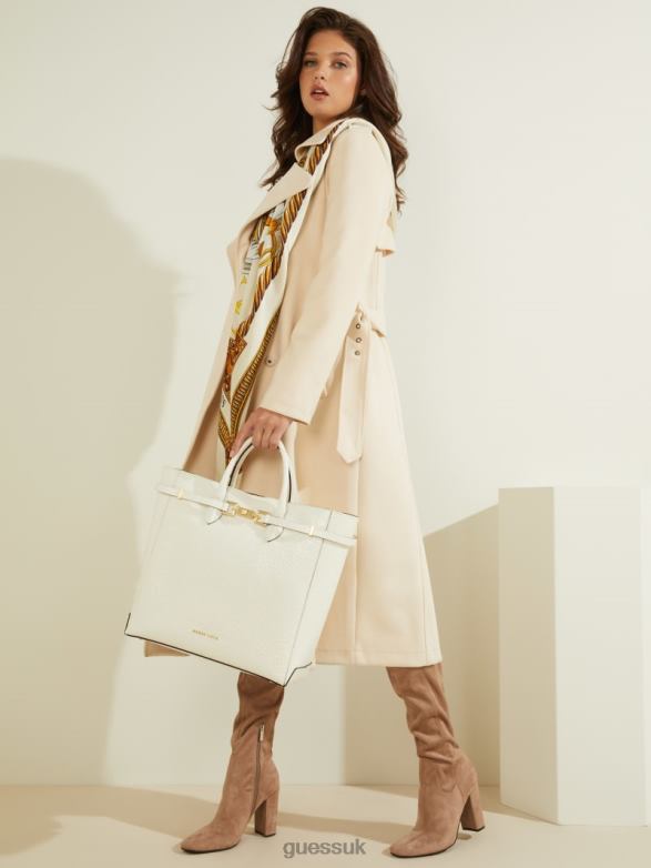 GUESS Women Cristina Croc Leather Tote Ivory Bags V28V63082