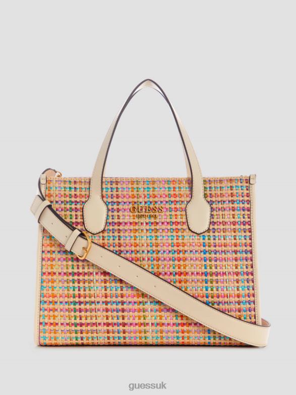 GUESS Women Silvana Colorful Straw Tote White Multi Bags V28V62950