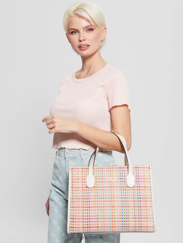 GUESS Women Silvana Colorful Straw Tote White Multi Bags V28V62950