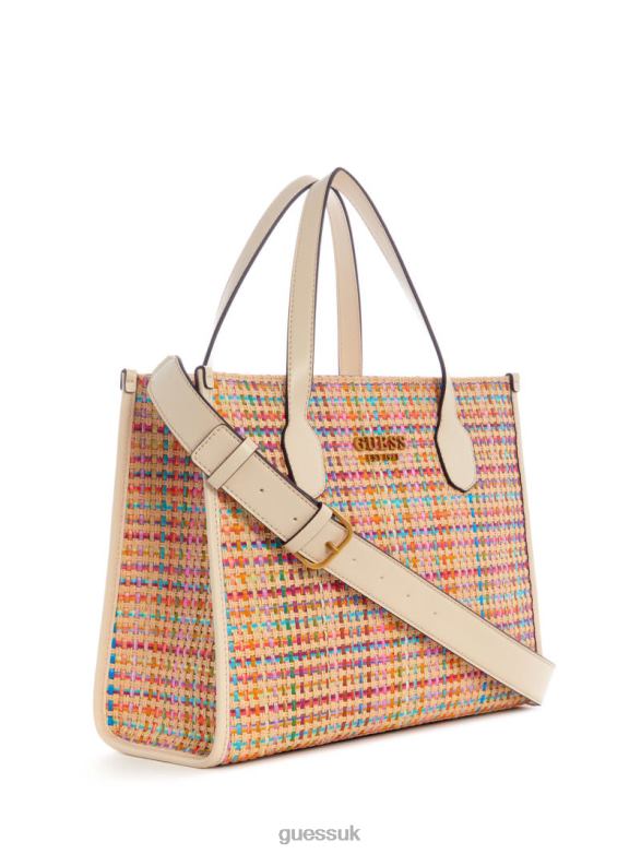 GUESS Women Silvana Colorful Straw Tote White Multi Bags V28V62950