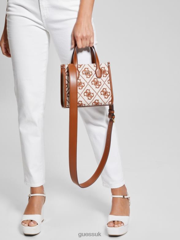 GUESS Women Silvana Embroidered Canvas Mini Tote Sandstone Wash Bags V28V63079