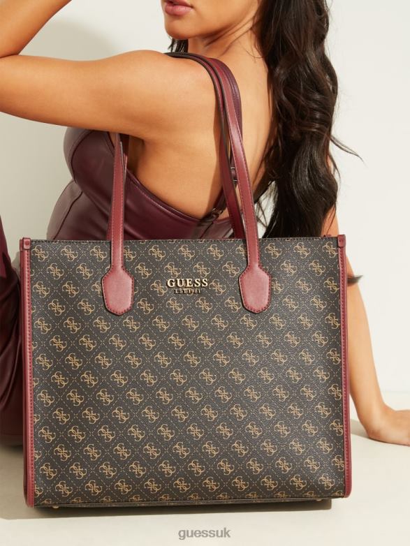GUESS Women Silvana Logo Tote Brown Logo/Merlot Bags V28V63241