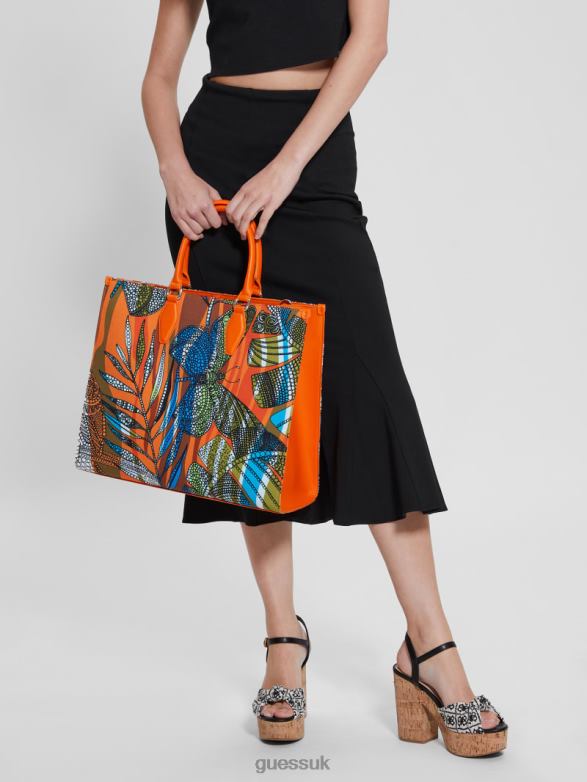 GUESS Women Summy Printed Large Tote Orange Bags V28V63092