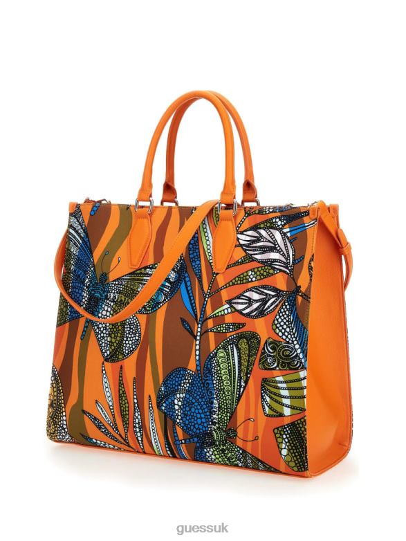 GUESS Women Summy Printed Large Tote Orange Bags V28V63092