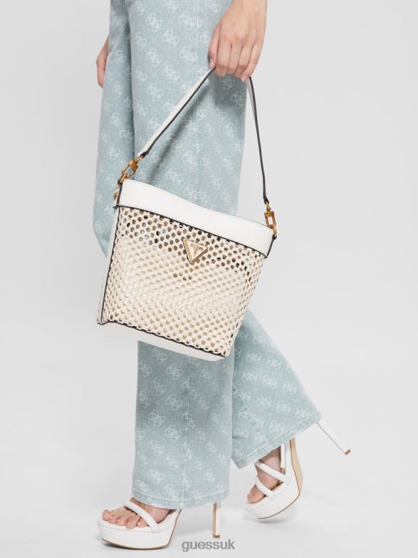 GUESS Women Vikky Straw Bucket Bag Ivory Bags V28V62886