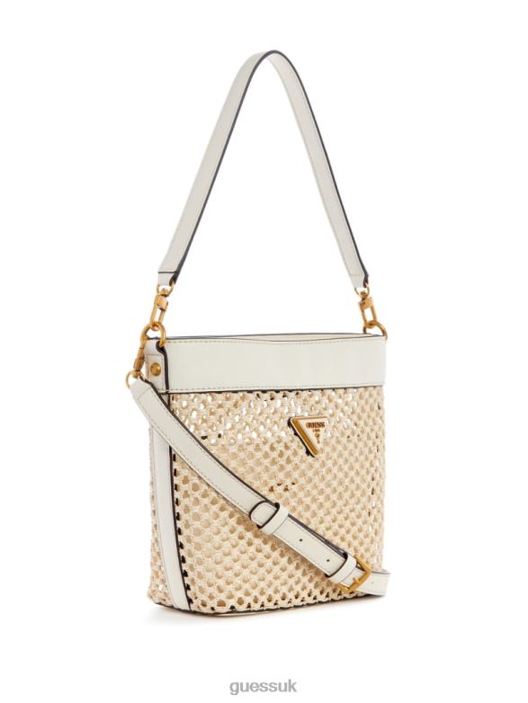 GUESS Women Vikky Straw Bucket Bag Ivory Bags V28V62886