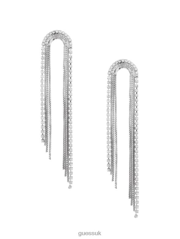 GUESS Women Rhinestone Arch Fringe Earrings Silver Accessory V28V63920