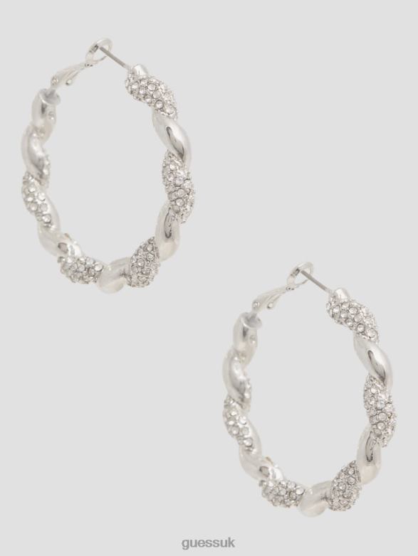 GUESS Women Rhinestone Twist Hoop Earrings Silver Accessory V28V63835