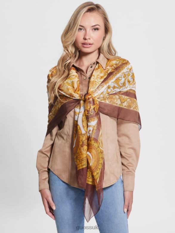 GUESS Women Eryn Sheer Silk Scarf Brown Accessory V28V63790