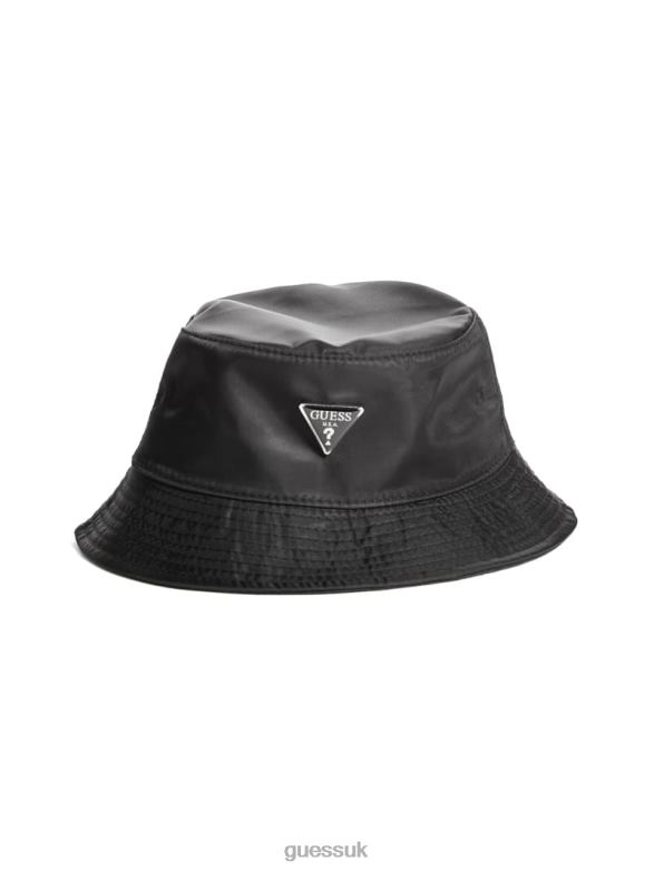 GUESS Women Logo Emblem Nylon Bucket Hat Black Snakeskin Accessory V28V63798