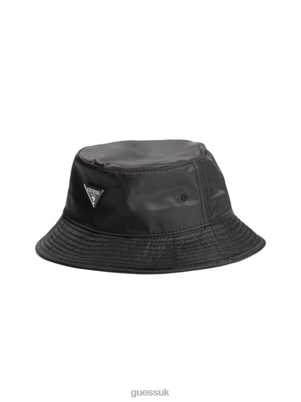 GUESS Women Logo Emblem Nylon Bucket Hat Black Snakeskin Accessory V28V63798