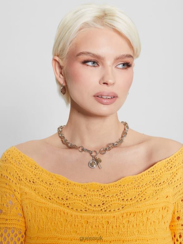 GUESS Women Quattro G Charm Mixed Chain Necklace Silver Accessory V28V63848