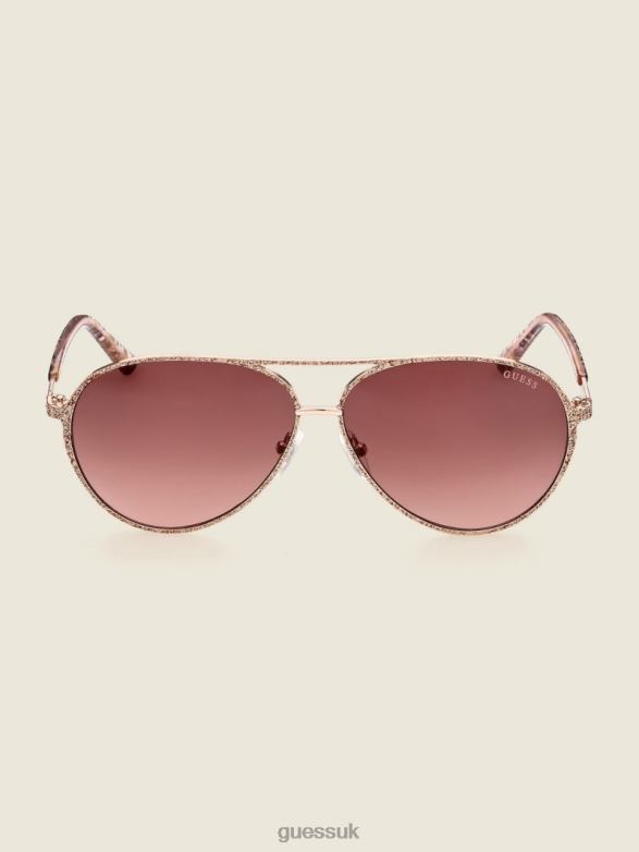 GUESS Women Animal Print Aviator Sunglasses Rosegold Accessory V28V63687