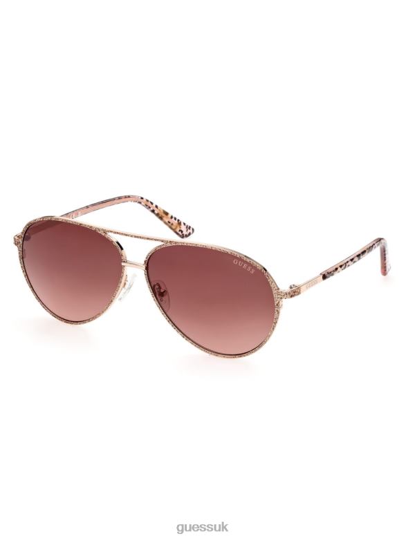 GUESS Women Animal Print Aviator Sunglasses Rosegold Accessory V28V63687
