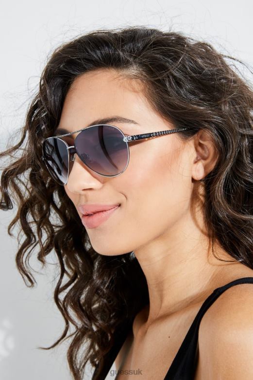 GUESS Women Catherine Rhinestone Aviator Sunglasses Beat Up Wash Accessory V28V63701